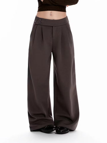 Brown retro-style wide-leg pants with a turn-up waist design